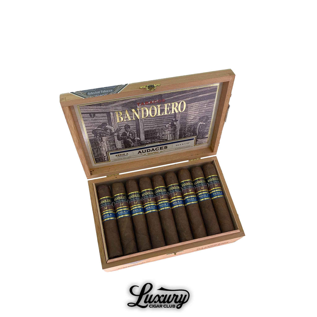 Open wooden box of Bandolero Serie A Audaces cigars with detailed vintage artwork inside lid, available at Luxury Cigar Club.