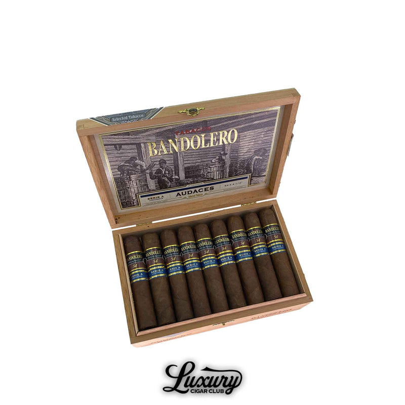 Open wooden box of Bandolero Serie A Audaces cigars with detailed vintage artwork inside lid, available at Luxury Cigar Club.