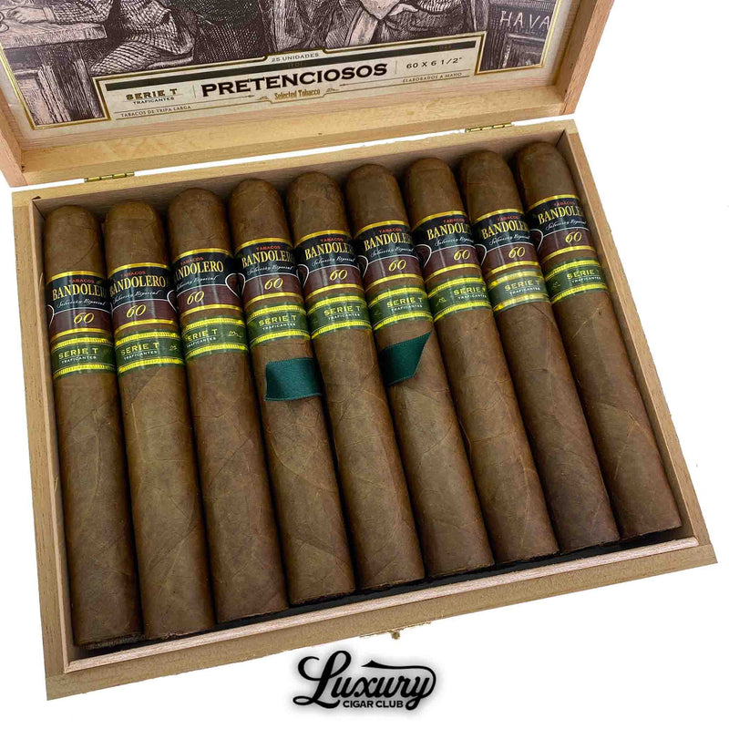 Close-up of Bandolero Serie T Pretenciosos cigars with dark brown wrappers and gold-accented bands reading "Serie T," neatly packed in a wooden box from Luxury Cigar Club.