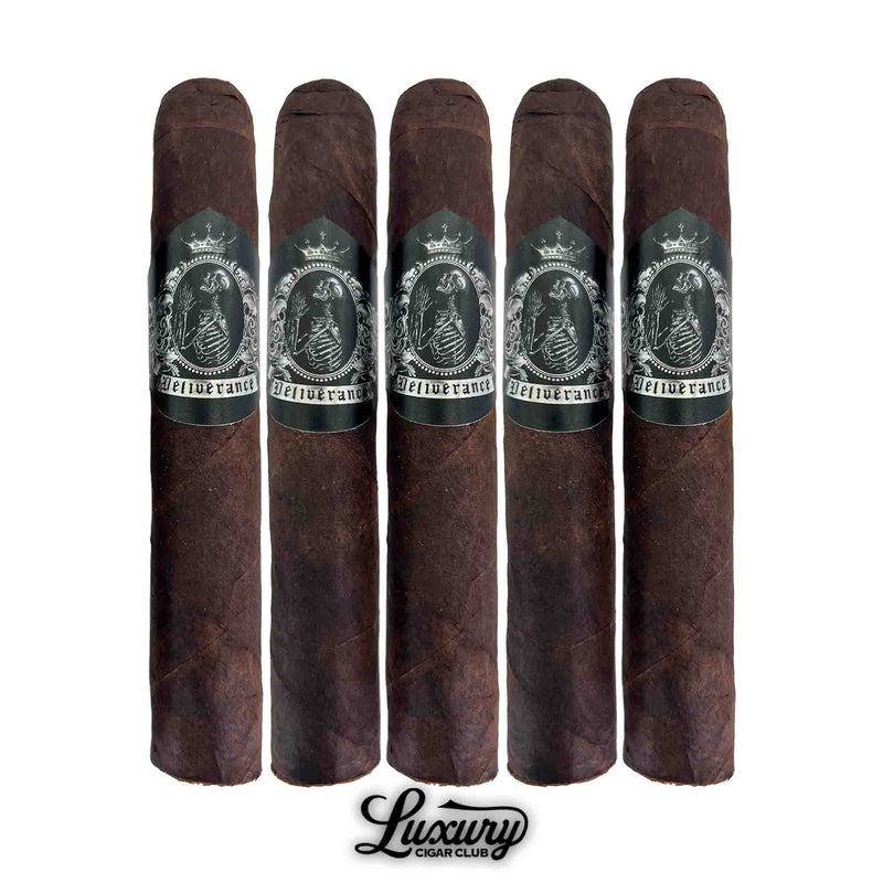 Five Black Label Trading Co. Deliverance Nocturne Robusto cigars shown by Luxury Cigar Club featuring rich maduro wrappers and detailed silver Nocturne bands.