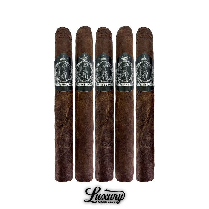 Five Black Label Trading Co. Deliverance Nocturne Toro cigars standing upright in a row showing the dark wrapper tones and silver skeletal bands, photographed by Luxury Cigar Club.