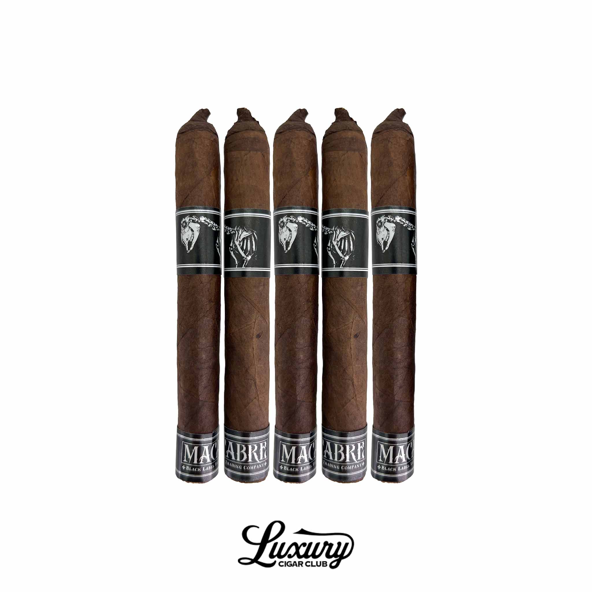Black Label Trading Co Macabre PCA Exclusive Corona Gorda 5-pack featuring dark premium cigars with signature black skeletal bands, Luxury Cigar Club