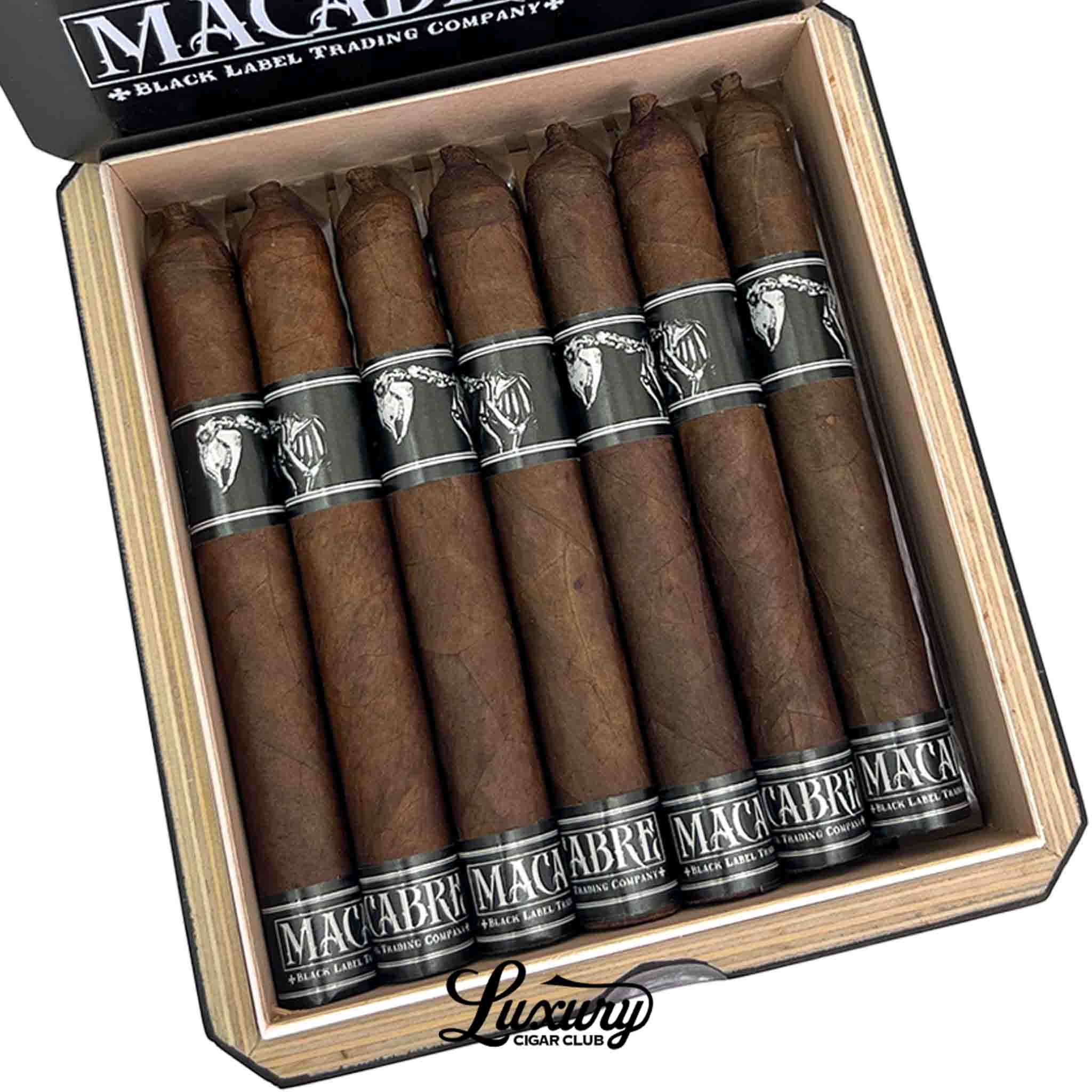 Close-up of Black Label Trading Co Macabre PCA Exclusive Corona Gorda cigars highlighting dark wrappers, skeletal cigar bands, and detailed handcrafted construction, Luxury Cigar Club