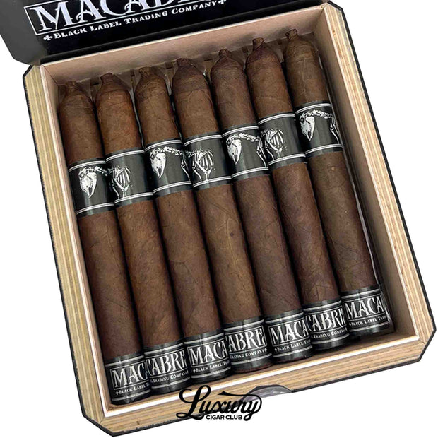 Close-up of Black Label Trading Co Macabre PCA Exclusive Corona Gorda cigars highlighting dark wrappers, skeletal cigar bands, and detailed handcrafted construction, Luxury Cigar Club