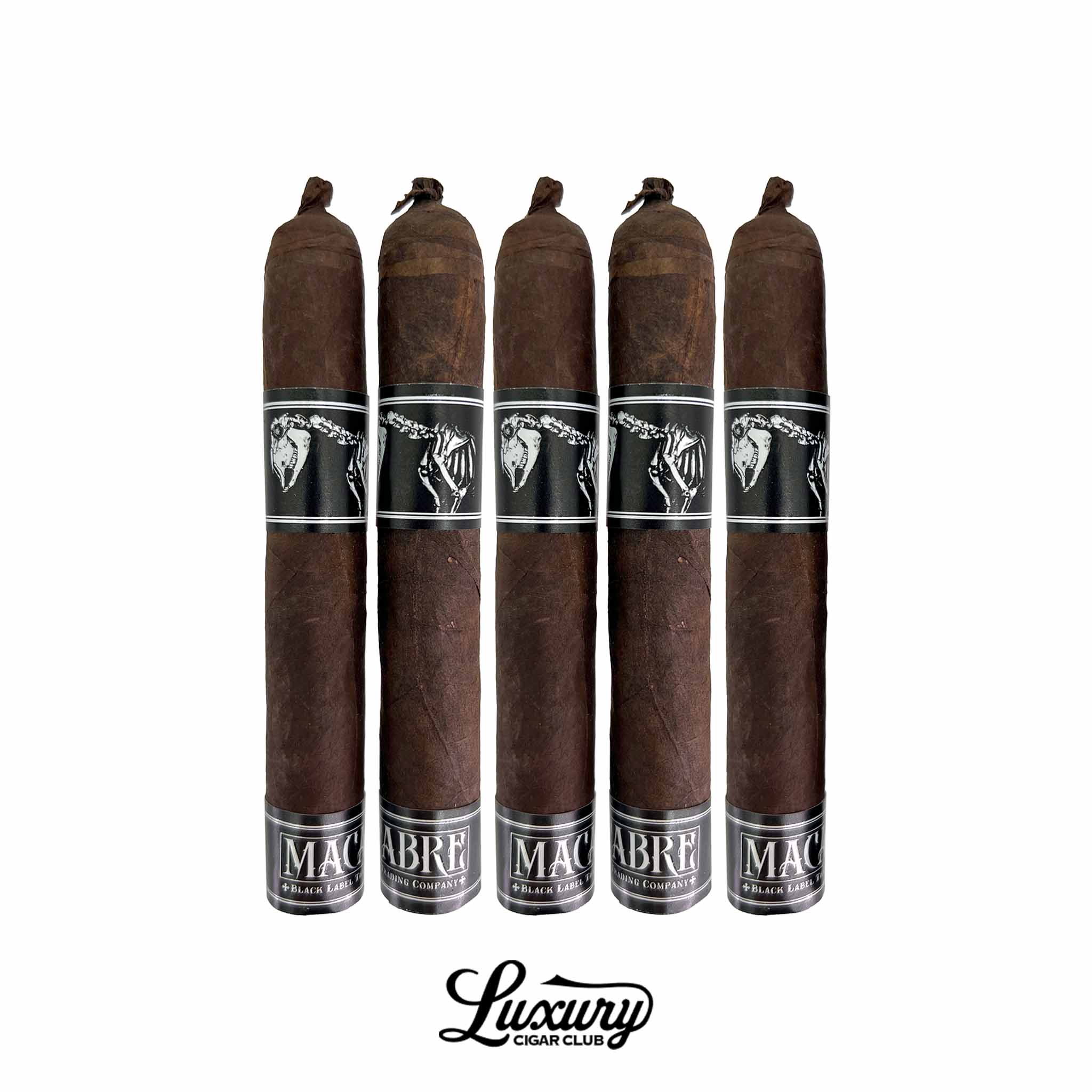 Black Label Trading Co Macabre PCA Exclusive Robusto 5-pack featuring dark premium cigars with black skeletal bands and bold handcrafted presentation, Luxury Cigar Club