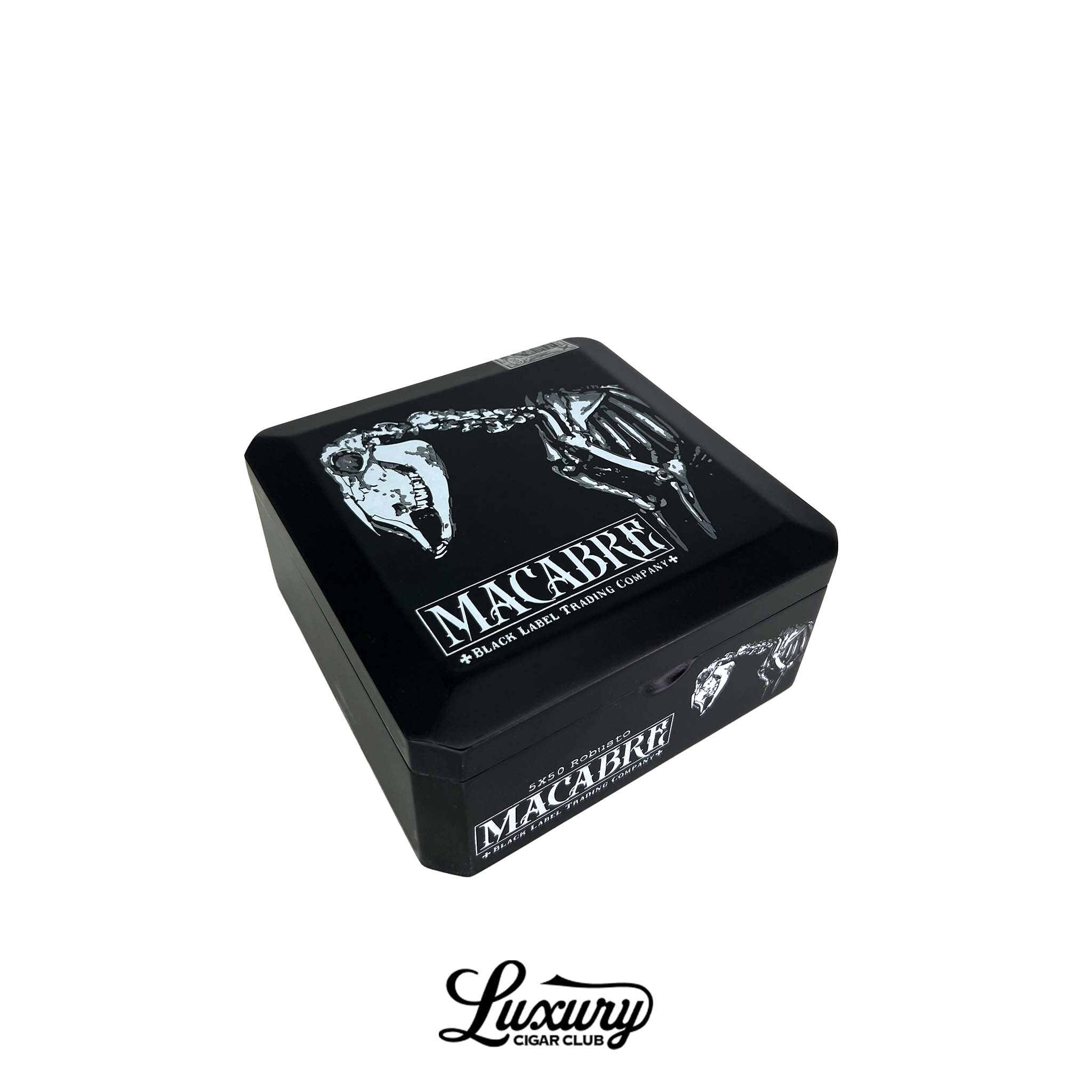 Black Label Trading Co Macabre PCA Exclusive Robusto collector box featuring signature gothic skeletal artwork and premium cigar packaging, Luxury Cigar Club