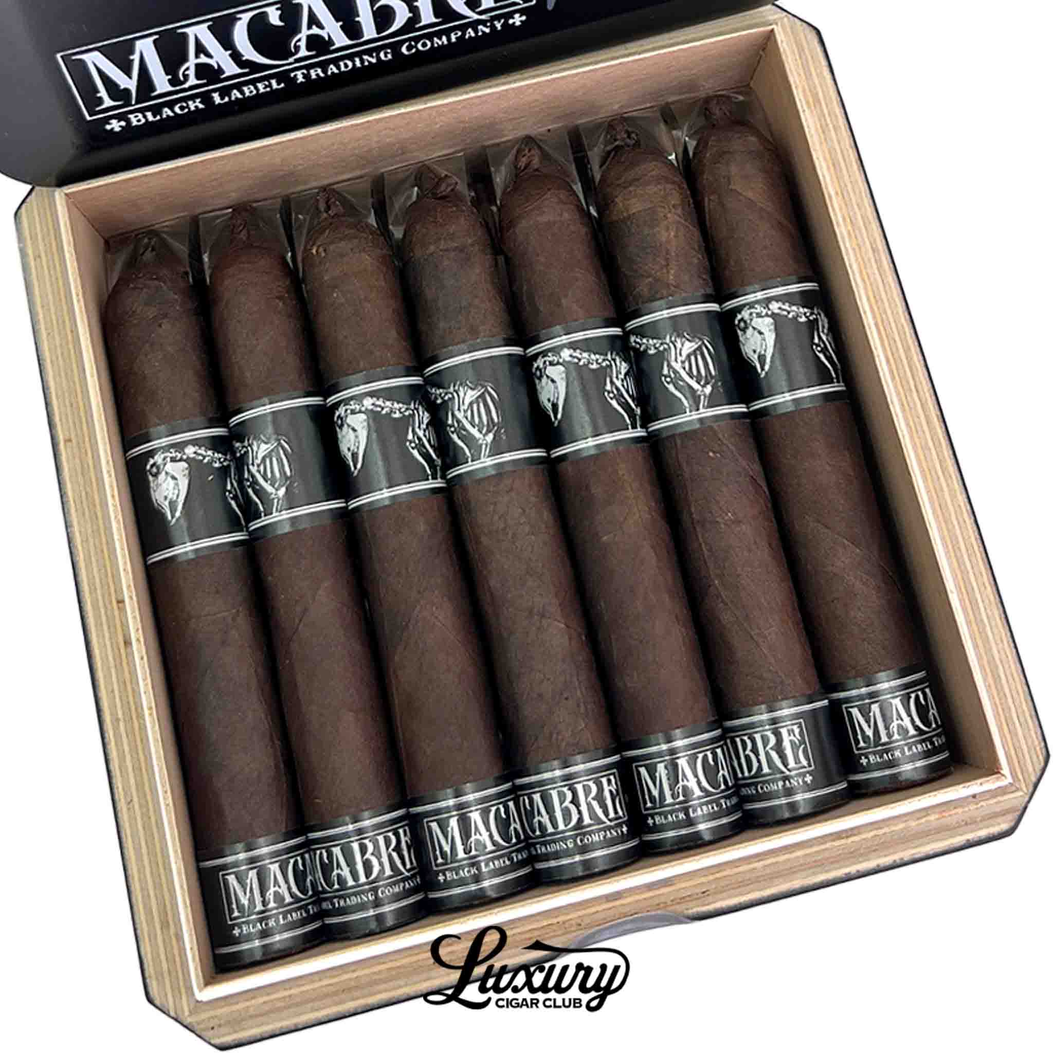 Close-up of Black Label Trading Co Macabre PCA Exclusive Robusto cigars featuring dark wrappers, skeletal band artwork, and handcrafted premium details, Luxury Cigar Club