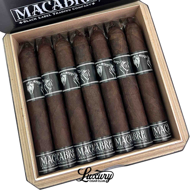 Close-up of Black Label Trading Co Macabre PCA Exclusive Robusto cigars featuring dark wrappers, skeletal band artwork, and handcrafted premium details, Luxury Cigar Club