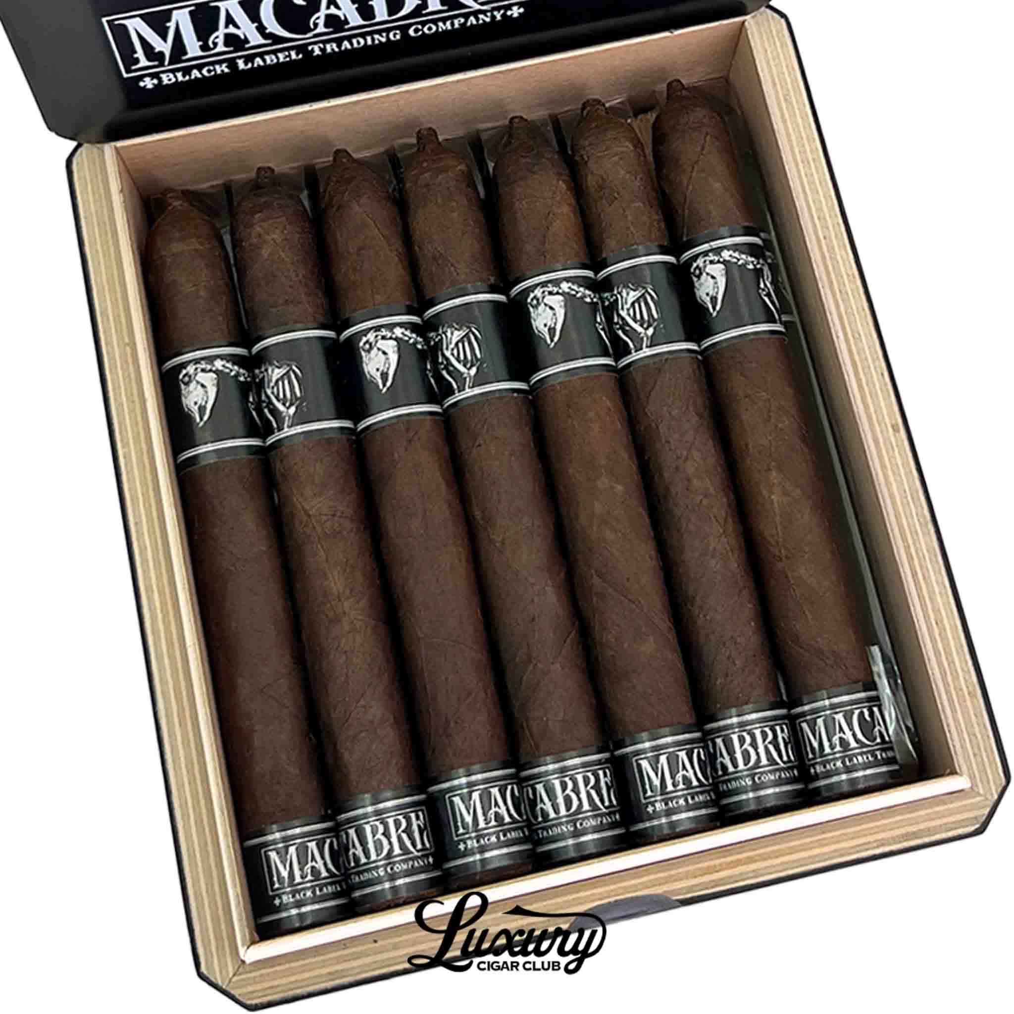Close-up of Black Label Trading Co Macabre PCA Exclusive Toro cigars showcasing dark wrappers, skeletal band artwork, and premium handcrafted construction, Luxury Cigar Club