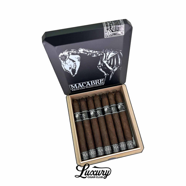 Black Label Trading Co Macabre PCA Exclusive Toro cigars displayed in an open collector box featuring dark premium cigars with signature skeletal black bands and gothic artwork, Luxury Cigar Club