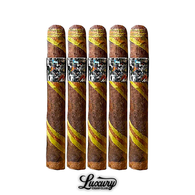Five Black Works Studio Tigersaurus Corona Gorda cigars with striking barber pole wrappers and detailed band design, available from Luxury Cigar Club.