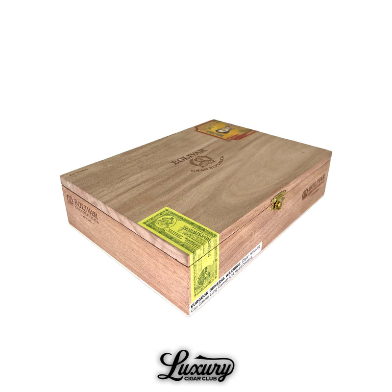 Closed wooden box of Bolivar Gran Republica Toro cigars, sealed with yellow factory band and Bolivar branding engraved on the lid, premium packaging presented by Luxury Cigar Club.