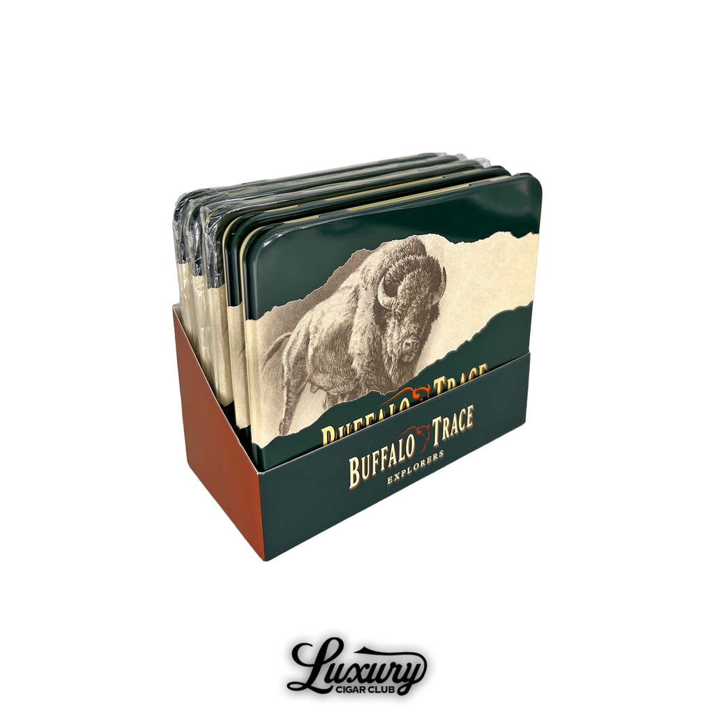 Buffalo Trace Explorers Cigarillos 10-count tin packaging with bold buffalo artwork and green tin design.