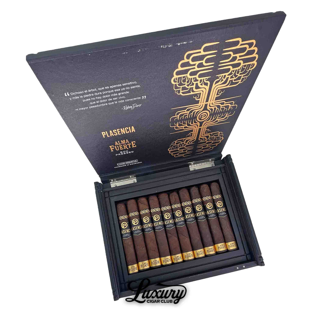 Open box of Plasencia Alma Fuerte Robustus I Box Pressed Cigars featuring dark Nicaraguan wrappers, gold-accented bands, and luxury black packaging at Luxury Cigar Club