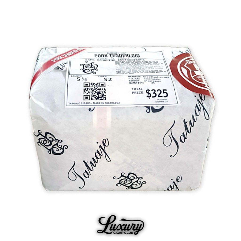 Bundle of Tatuaje Pork Tenderloin Cigars wrapped in butcher paper, featuring branded Tatuaje logos and a detailed product label indicating size, origin, and pricing, displayed by Luxury Cigar Club.
