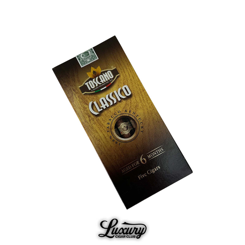 Box of Toscano Classico Cigars featuring wood-grain packaging, aged for 6 months, containing five dry-cured cigars made with Kentucky tobacco – displayed with Luxury Cigar Club branding.