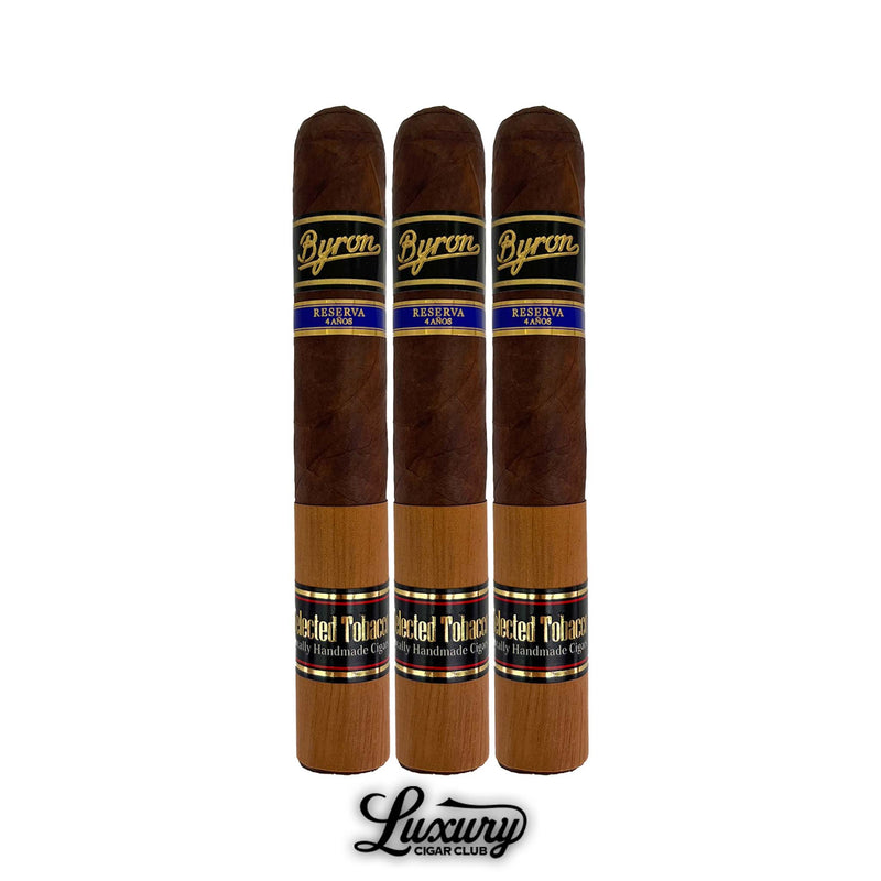 Byron 21st Century Distinguidos Reserva 4 Años cigars 3-pack with cedar sleeves and black-and-gold bands, available at Luxury Cigar Club.