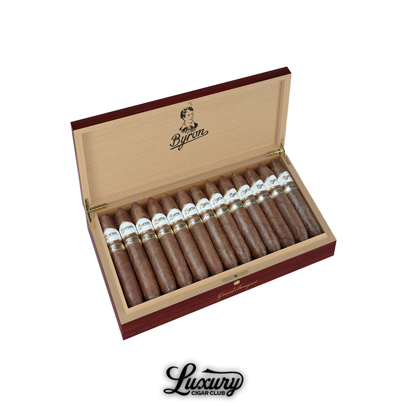 Byron Selección 1850 Bouquets cigars in a luxury wooden box with gold hinges, white and gold labels, and impeccable presentation, available at Luxury Cigar Club.