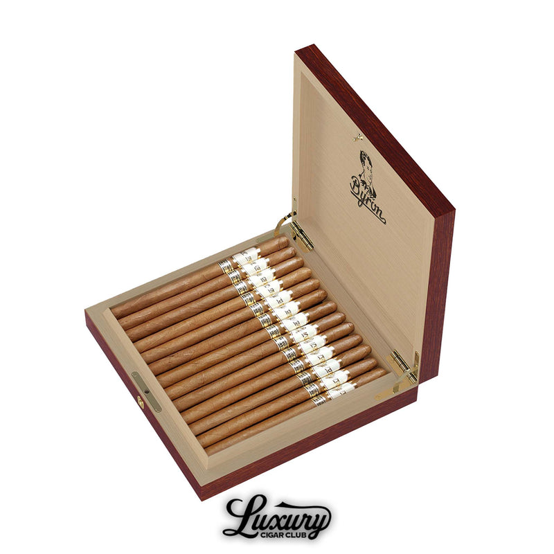 Close-up of Byron Selección 1850 Cardinales box of handmade cigars, featuring white and gold bands with expert rolling, displayed at Luxury Cigar Club.
