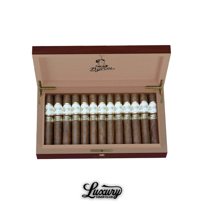 Byron Selección 1850 Excelsor box of premium cigars with traditional Byron branding, perfectly arranged in cedar, offered by Luxury Cigar Club.