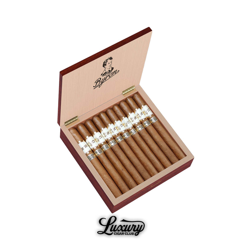 Byron Selección 1850 Favoritas cigars inside open humidor-style box with white and gold bands, showcasing artisanal craftsmanship from Luxury Cigar Club.