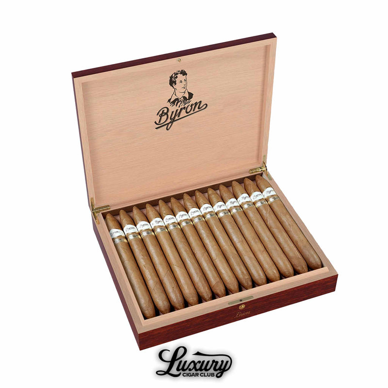 Byron Selección 1850 Liricos cigars with elegant white and gold labels, lined in a traditional cedar box, premium release from Luxury Cigar Club.