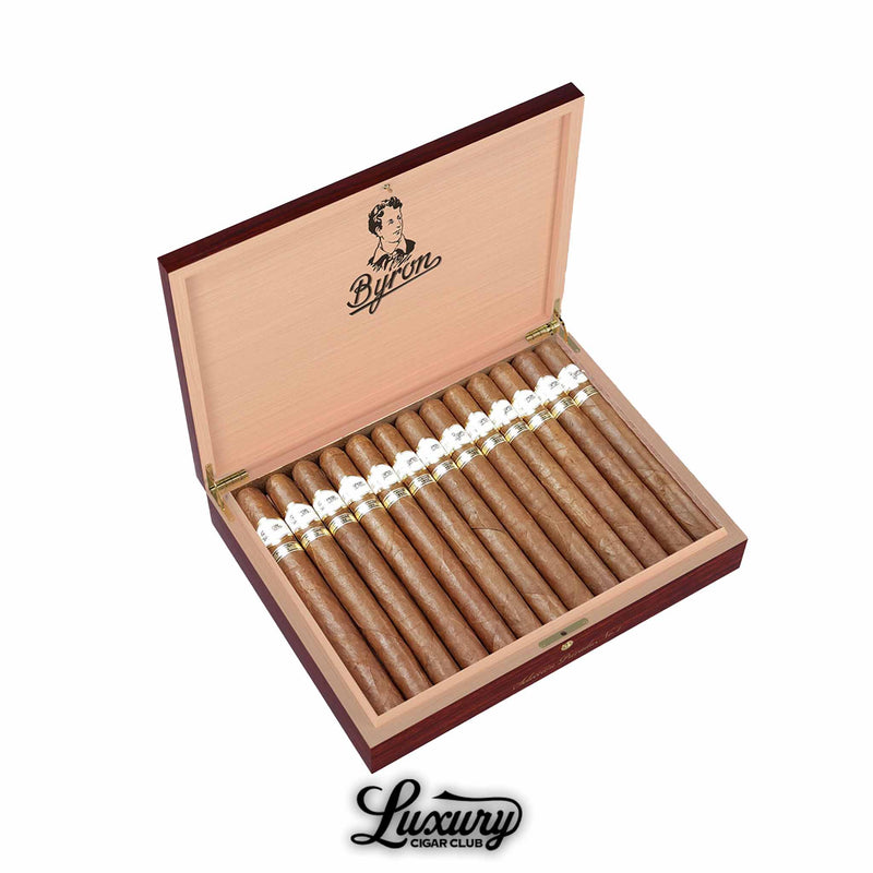 Byron Selección 1850 No. 1 cigars in open cedar box with white and gold bands from Luxury Cigar Club