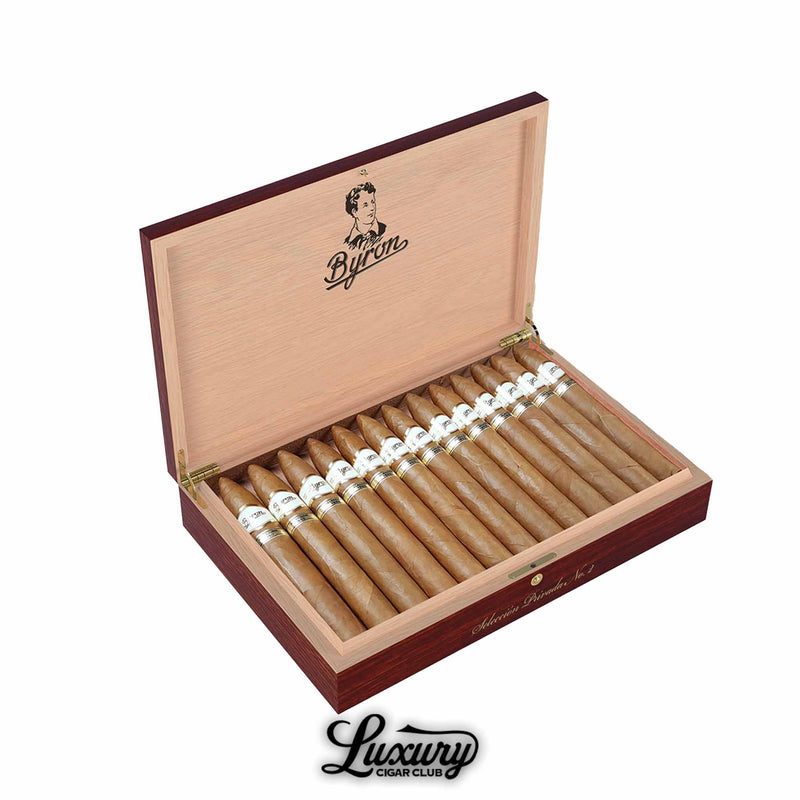 Byron Selección 1850 No. 2 cigars in open box with cedar interior and white Byron bands from Luxury Cigar Club