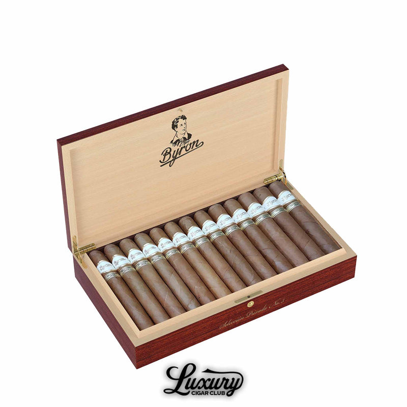 Byron Selección 1850 No. 3 cigars in luxury cedar box with white and gold Byron bands from Luxury Cigar Club