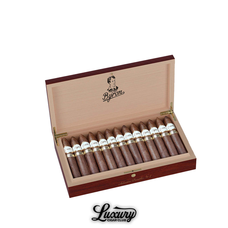 Byron Selección 1850 No. 4 cigars in open cedar box with premium white Byron Selección bands from Luxury Cigar Club