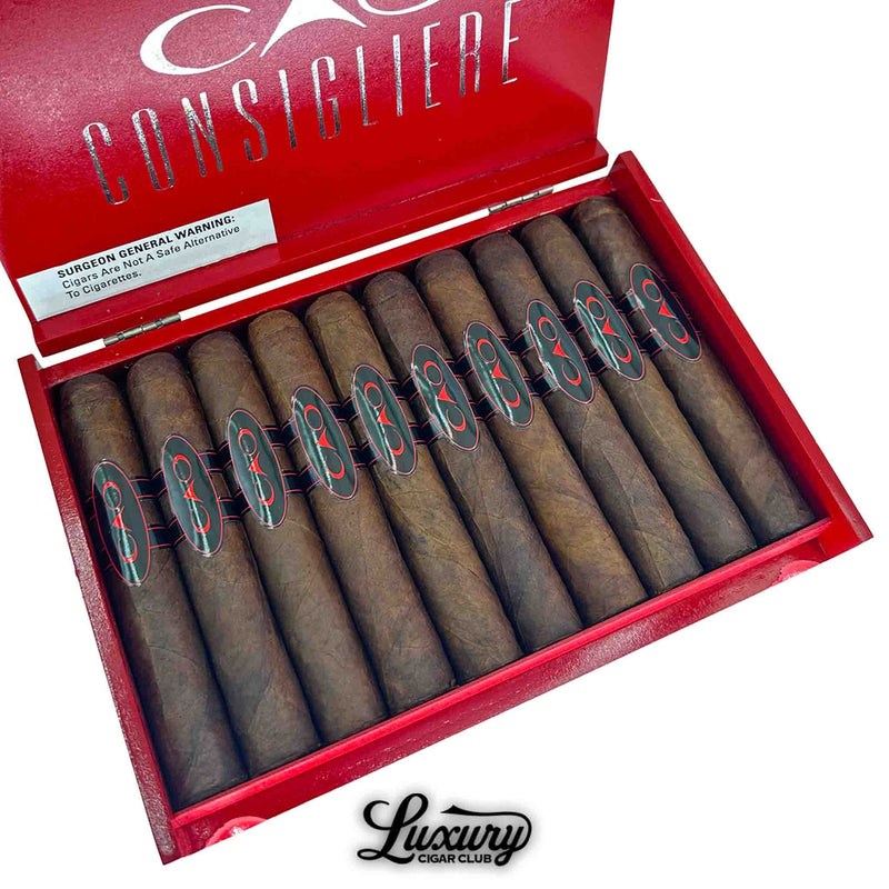 Close-up of CAO Consigliere Associate robusto cigars in a sleek red box, featuring ten rich brown cigars with bold black and red bands; Luxury Cigar Club branding visible below.