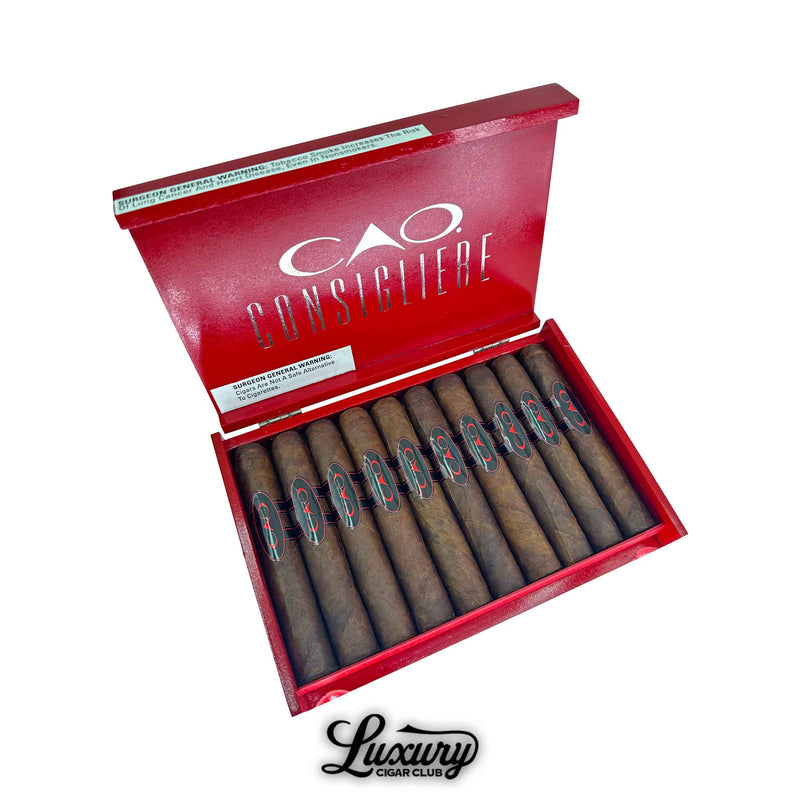 Open red box of CAO Consigliere Associate robusto cigars, displaying ten dark brown sticks with black and red mafia-inspired bands, set against bold CAO branding; featured by Luxury Cigar Club.