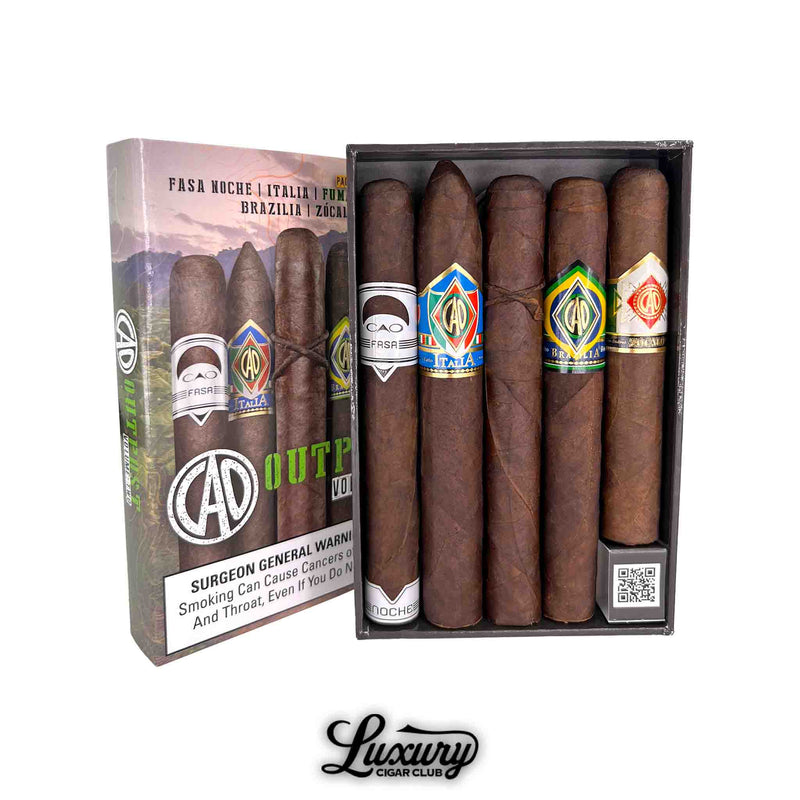 CAO Outpost Volume 2 cigar sampler box with five dark-wrapped premium cigars including FASA Noche, CAO Italia, CAO Brazilia, and CAO Zocalo, displayed in an open sampler pack, Luxury Cigar Club.