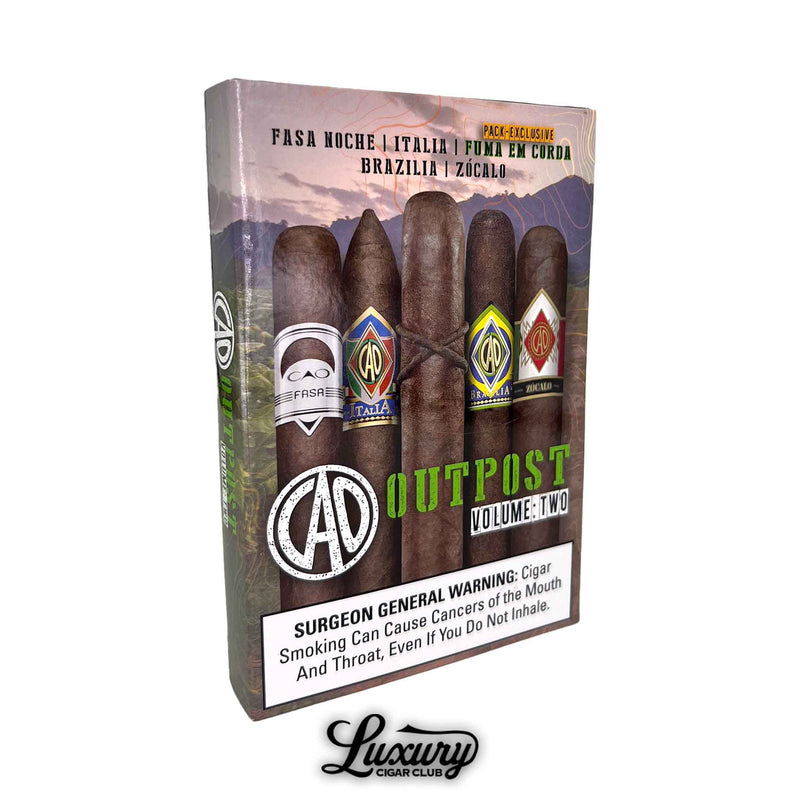 CAO Outpost Volume 2 cigar sampler sealed packaging showing five CAO blends: FASA Noche, Italia, Fuma Em Corda, Brazilia, and Zocalo featured on the front artwork, Luxury Cigar Club.
