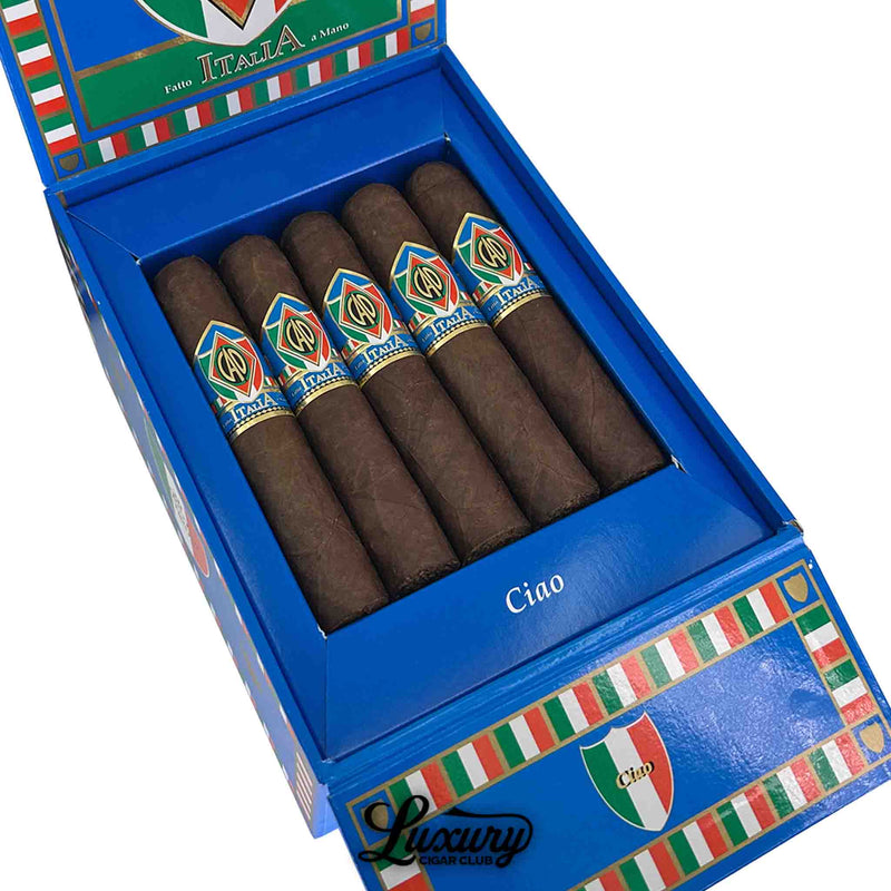 Close-up of CAO Italia Ciao robusto cigars inside a vibrant blue box with Italian flag colors, showcasing five dark, oily cigars with bold CAO Italia bands; branded by Luxury Cigar Club.