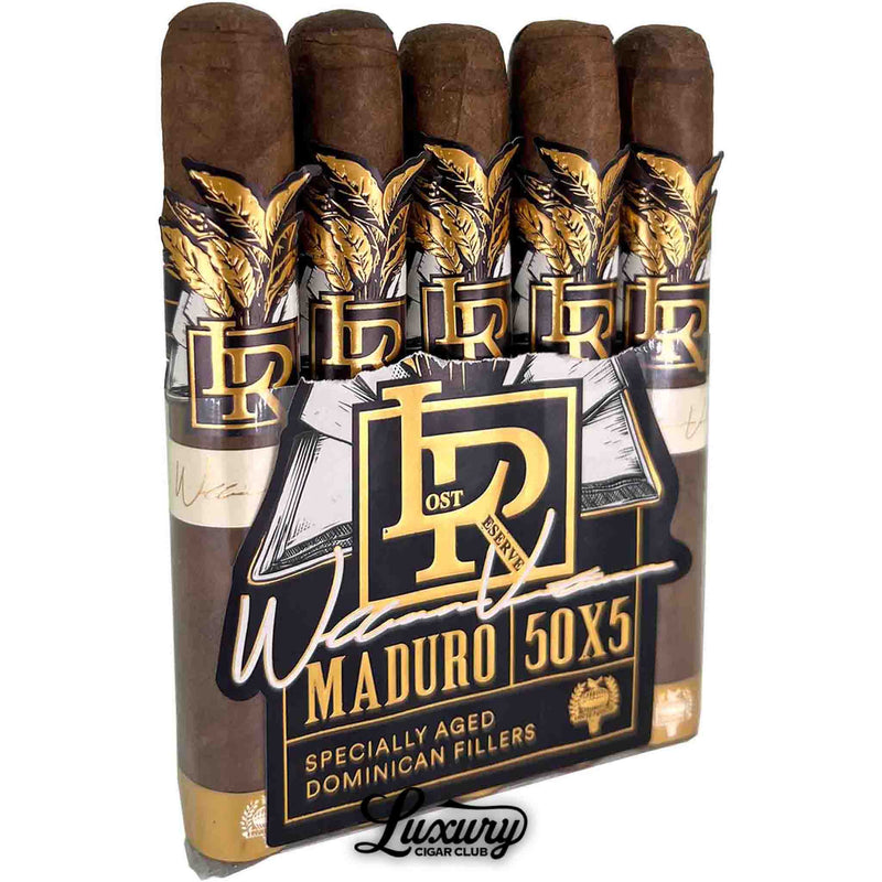 Close-up of Caldwell Lost & Found Lost Reserve Maduro 5x50 Robusto cigars with gold embossed bands and premium packaging from Luxury Cigar Club