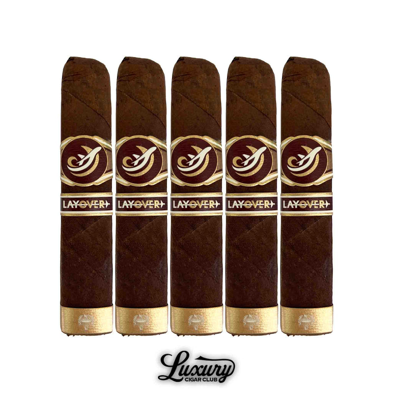 Caldwell Lost & Found The Layover 5-pack box-pressed cigars with rich brown wrappers and gold accents, presented by Luxury Cigar Club.