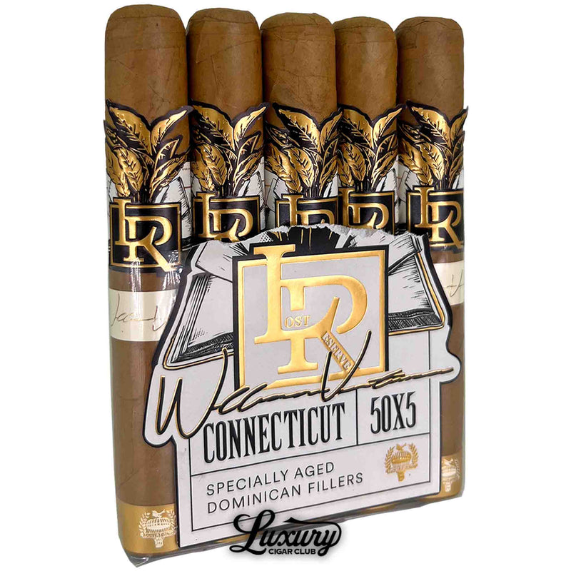 Close-up of Caldwell Lost and Found Lost Reserve Connecticut Robusto cigars showing detailed gold “LR” logo bands and Connecticut wrapper, presented by Luxury Cigar Club.