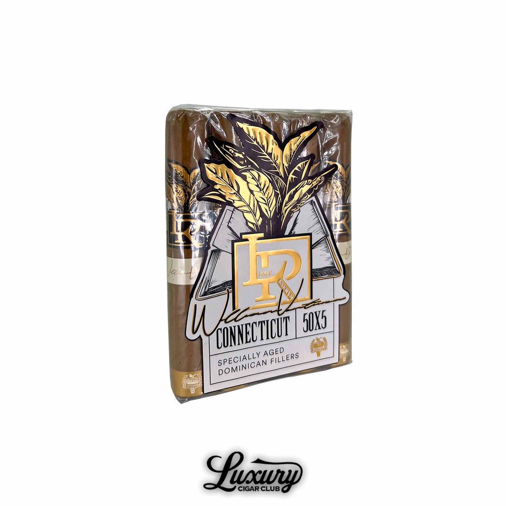 Caldwell Lost and Found Lost Reserve Connecticut Robusto cigar bundle in sealed packaging with gold and black “LR” branding and white label, displayed for Luxury Cigar Club.
