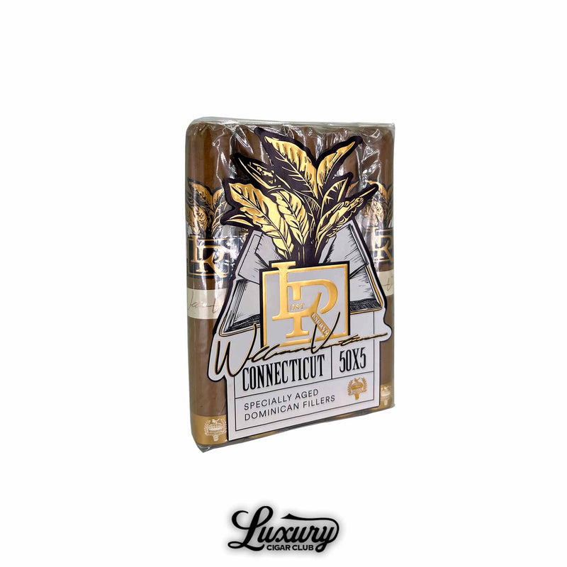 Caldwell Lost and Found Lost Reserve Connecticut Robusto cigar bundle in sealed packaging with gold and black “LR” branding and white label, displayed for Luxury Cigar Club.