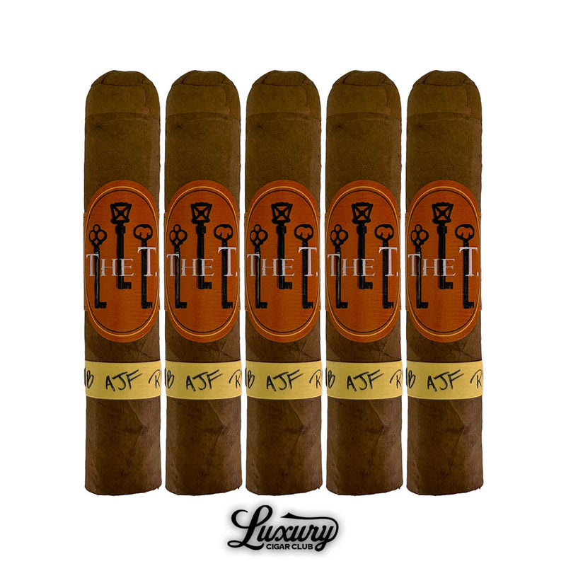 Five-pack of Caldwell The T Connecticut Robusto Minor cigars with golden Connecticut wrapper and bold orange and gold band, Luxury Cigar Club logo