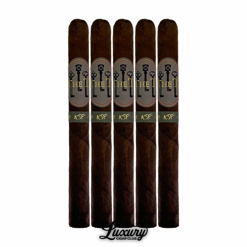 Five-pack of Caldwell The T Lonsdale cigars showcasing rich brown wrappers and signature key design bands.