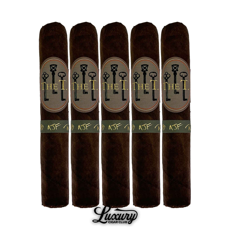 Five-pack of Caldwell The T Robusto cigars featuring deep brown wrappers and bold key design bands.