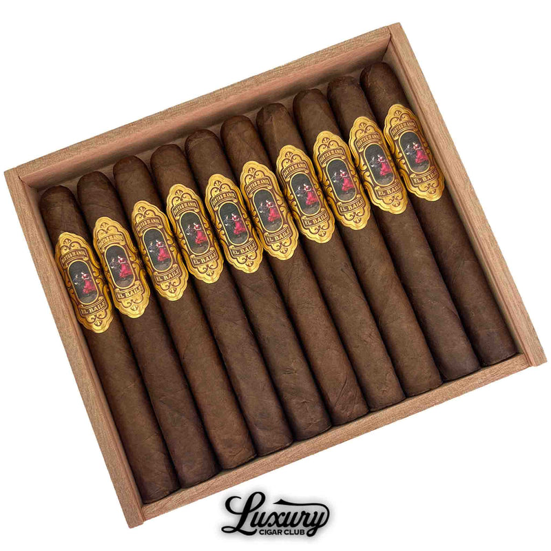 Close-up of Cartas de Amor El Baile Corona Gorda cigars showing intricate gold detailing and vivid artwork on each band, presented by Luxury Cigar Club.