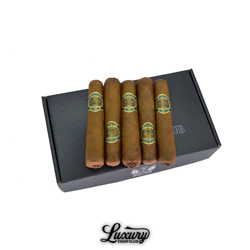 Five Casdagli Traditional Line Super Cottontail cigars from Luxury Cigar Club resting on a black presentation box, featuring smooth brown wrappers and gold-and-green cigar bands.