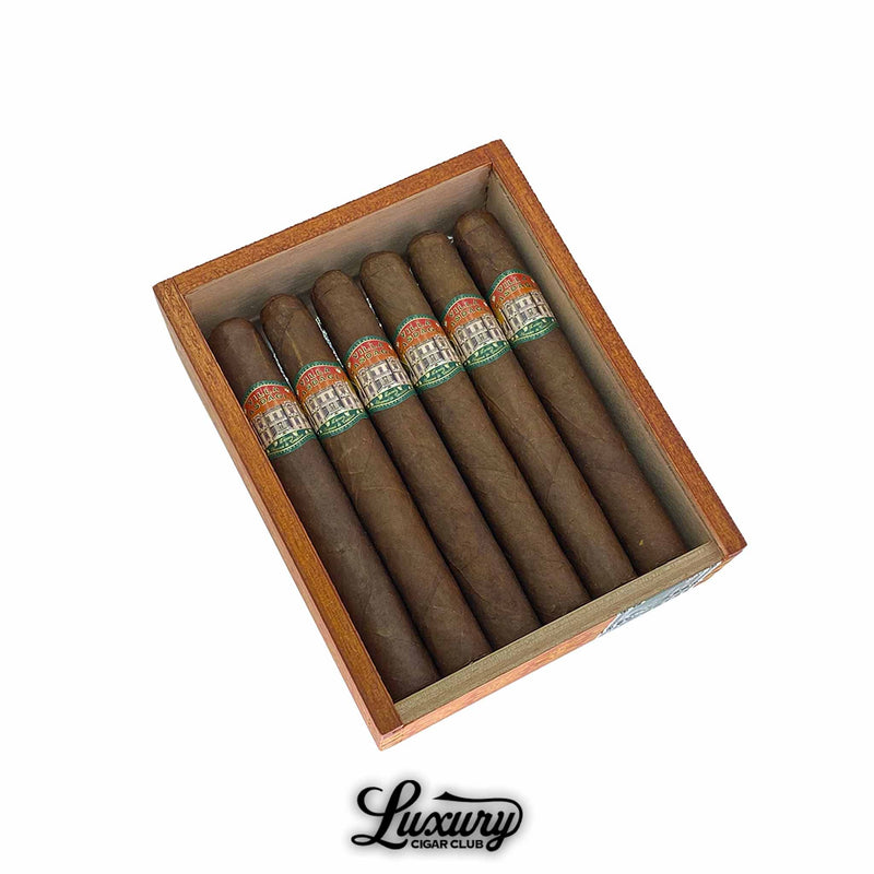 Box of Casdagli Villa Casdagli Corona Gorda cigars with rich brown wrappers and ornate green and red bands, offered by Luxury Cigar Club.
