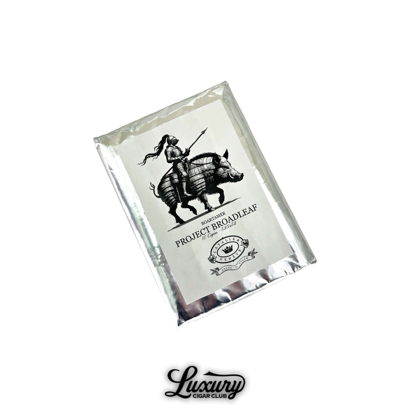 Cavalier Genève Project Broadleaf Boartamer cigars pack with unique knight riding a boar illustration on silver packaging, premium boutique cigars from Luxury Cigar Club.