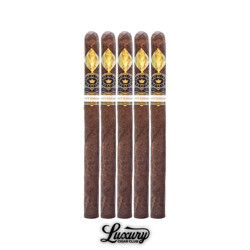 Five Cavalier Genève Project Broadleaf Wayfinders A cigars lined up with gold diamond accents and dark Broadleaf wrappers, displayed by Luxury Cigar Club.