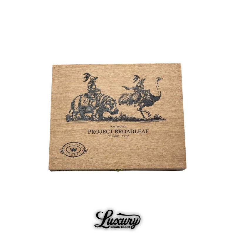 Cavalier Genève Project Broadleaf Wayfinders cigar box with detailed artwork on natural wood lid, available at Luxury Cigar Club.