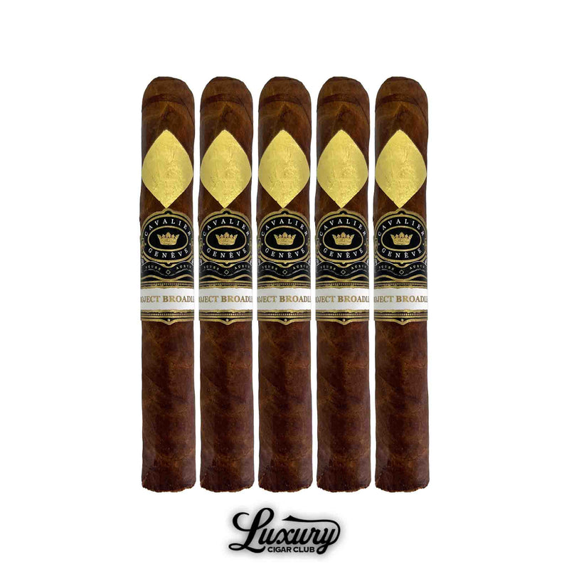 Five-pack of Cavalier Genève Project Broadleaf Wayfinders Robusto Extra cigars with dark Broadleaf wrappers and signature gold diamond detail, available at Luxury Cigar Club.